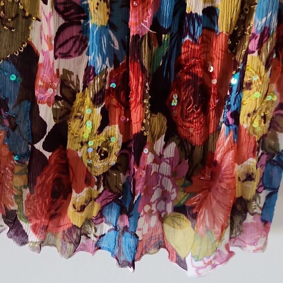 REBECCA TAYLOR | 100% Silk Blouse Tunic Floral Sequins Sheer Cream Red Navy Sz L - Picture 6 of 7